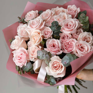 Blushing Beauty: Light Pink Roses and Eucalyptus Bouquet - Cambridge Bee