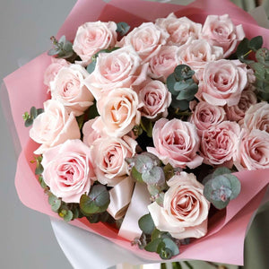 Blushing Beauty: Light Pink Roses and Eucalyptus Bouquet - Cambridge Bee